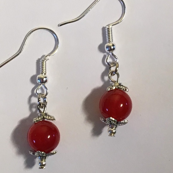 Red Orange Stripe Agate Small Drop Earrings - Picture 1 of 8